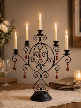 Elegant Scroll Metal Candelabra w/ Amber Glass Teardrops 16” Tall Farmhouse Deco